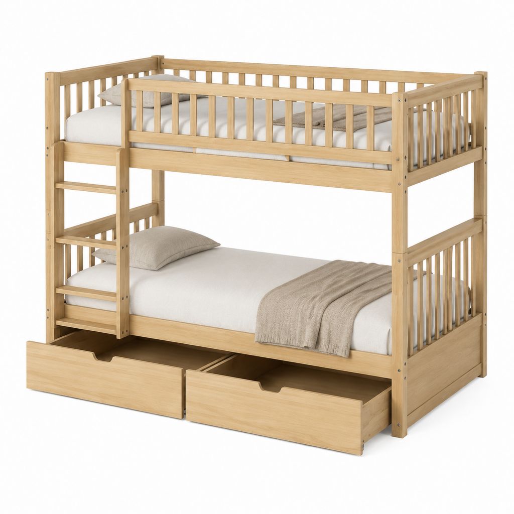 Lit superposé enfant 90 x 200 cm en pin massif naturel avec 2 tiroirs