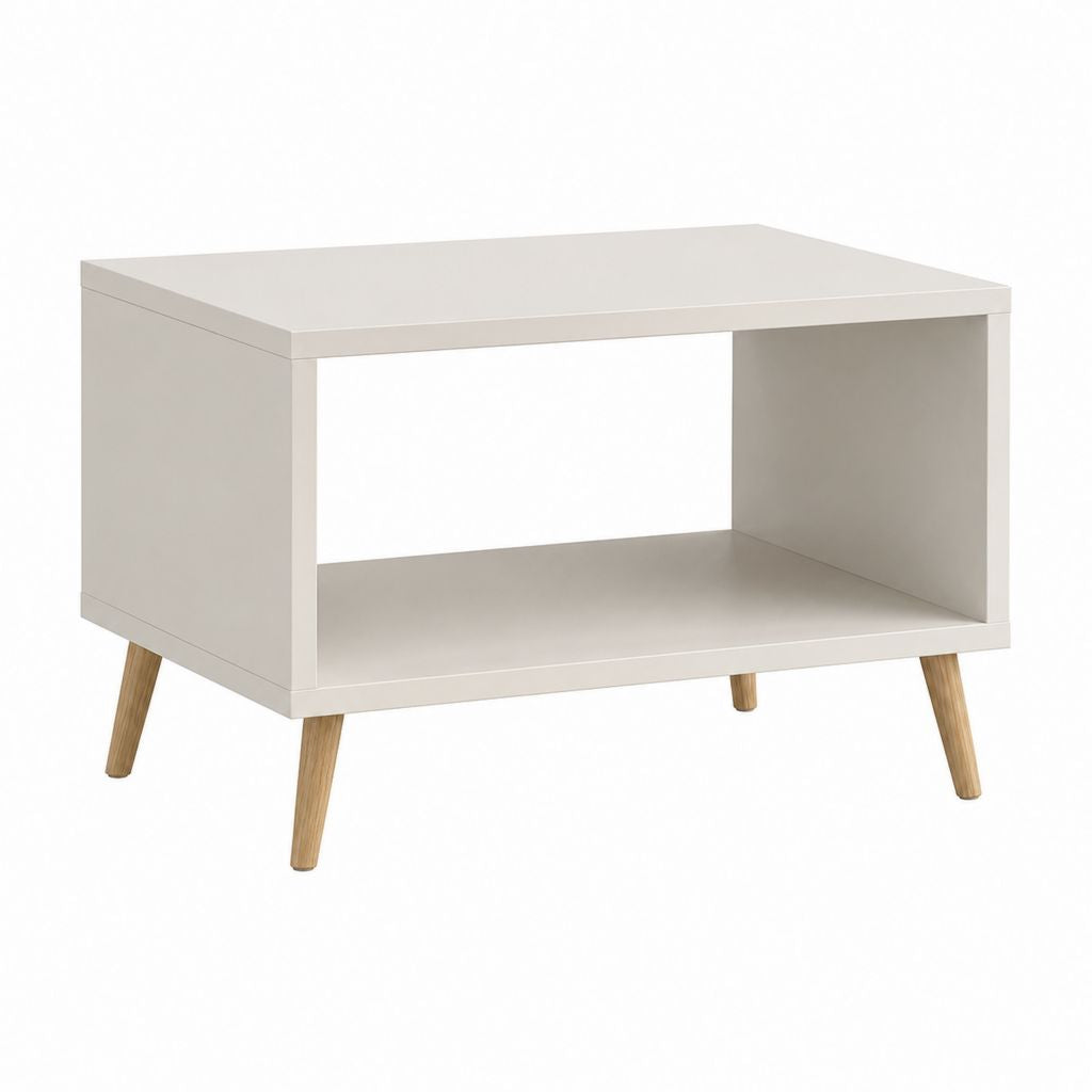 Table basse rectangulaire blanche en panneaux MDF avec étagère ouverte et pieds en bois massif 80 x 50 x 50 cm
