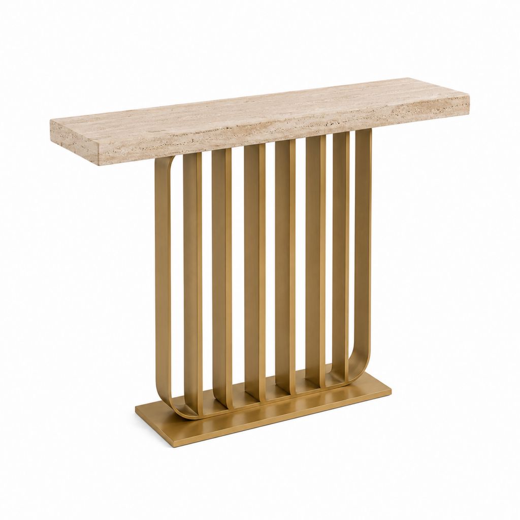 Table console rectangulaire beige et doré en travertin et acier inoxydable 120 x 35 x 80 cm