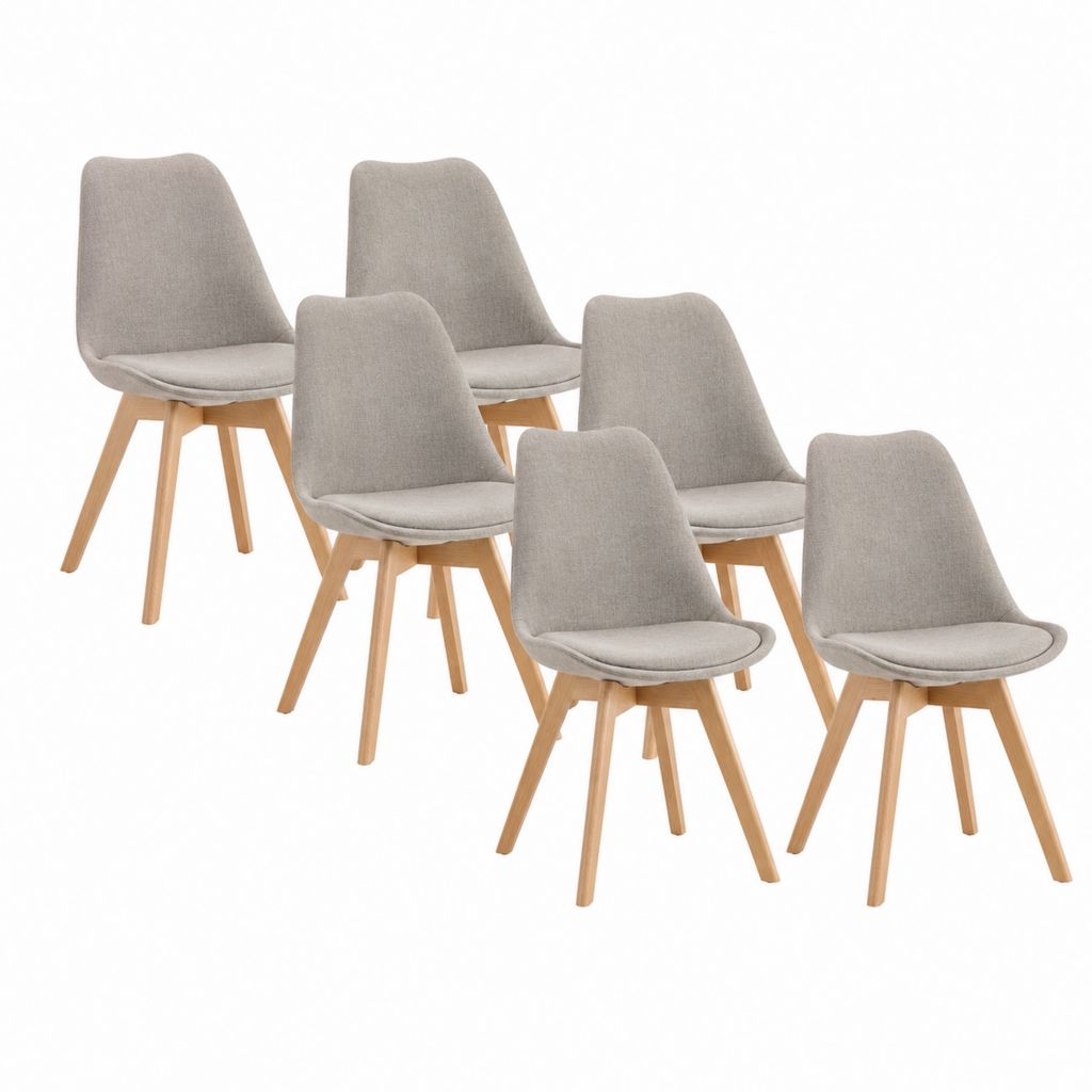 Lot de 6 chaises de salle à manger gris clair en polyester avec pieds en hêtre 49 x 55 x 82 cm
