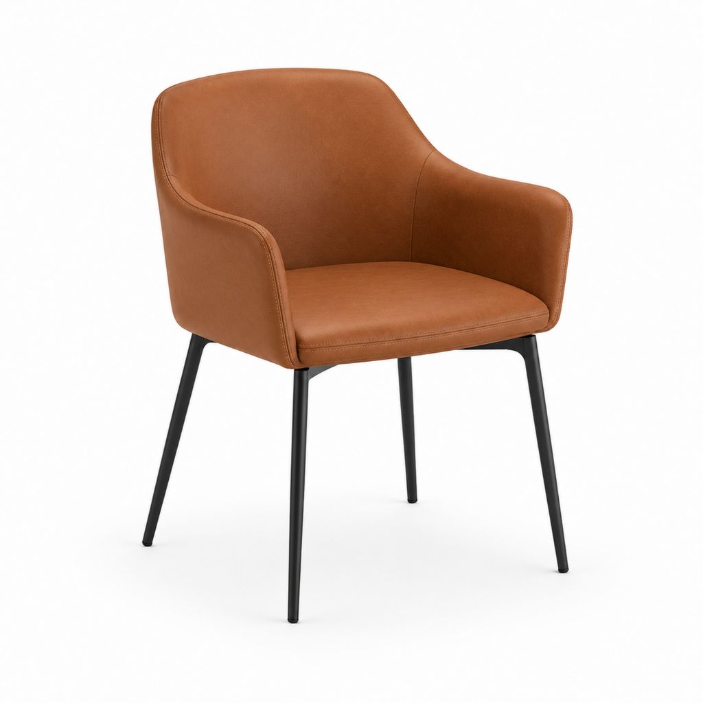 Chaise de salle à manger avec accoudoirs cognac en cuir PU et acier noir forme enveloppante 58 x 59 x 82 cm
