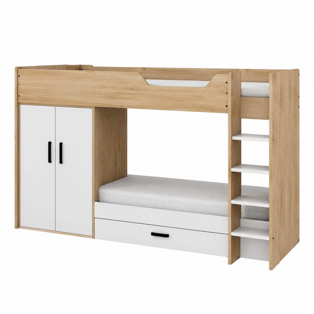 Lit superposé enfant 90 x 200 cm chêne clair et blanc en panneaux de particules avec armoire et tiroir