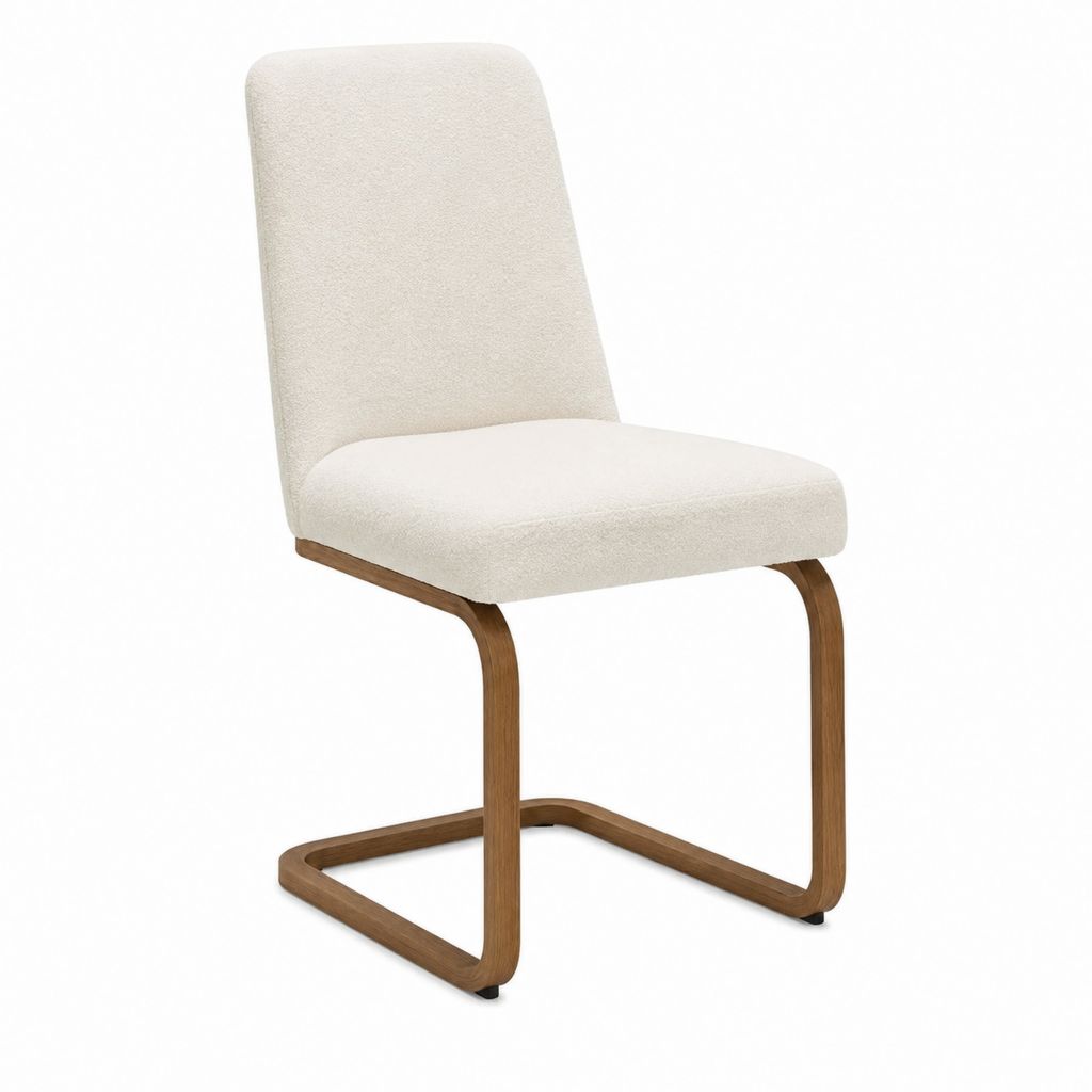 Chaise de salle à manger beige en polyester bouclette avec piètement traîneau en contreplaqué plaqué noyer 48 x 60 x 83 cm