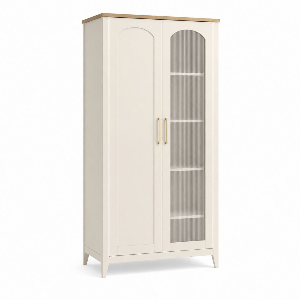 Armoire de cuisine 2 portes blanc cassé en panneaux MDF et verre strié 80 x 40 x 180 cm