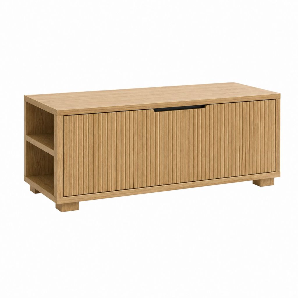 Table basse de rangement rectangulaire décor chêne avec porte coulissante 120 x 40 x 55 cm